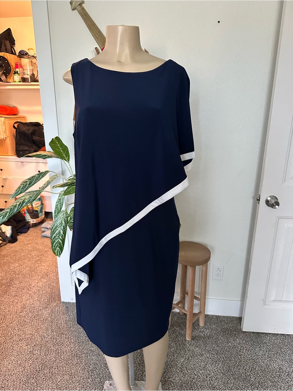 Ralph Lauren Navy One-Shoulder Cape Dress with White Trim